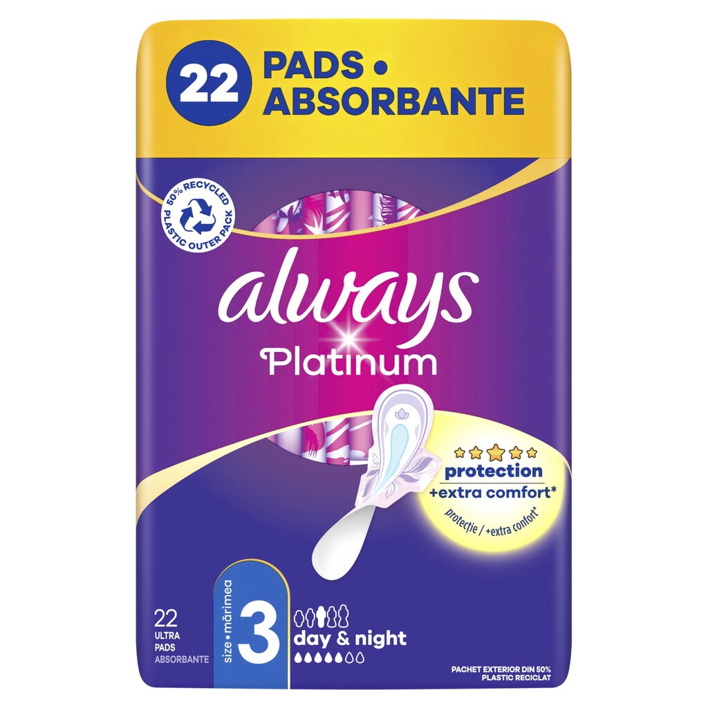 Terveyssiteet Always Platinum Size 3, Day & Night, 22 kpl. hinta ja tiedot | Tamponit ja terveyssiteet | hobbyhall.fi