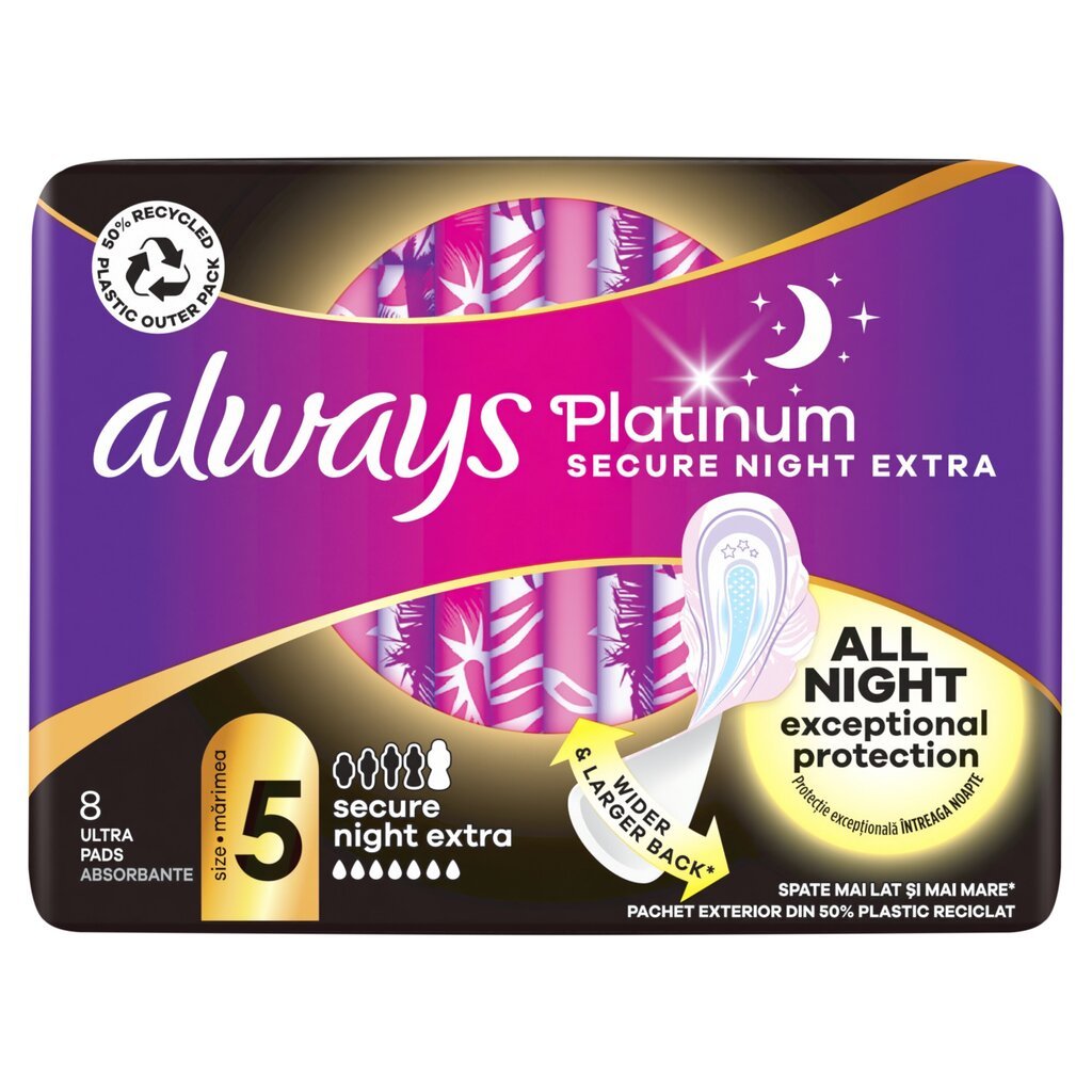 Terveyssiteet Always Platinum Secure Night Extra Koko 5, 8 kpl. hinta ja tiedot | Tamponit ja terveyssiteet | hobbyhall.fi