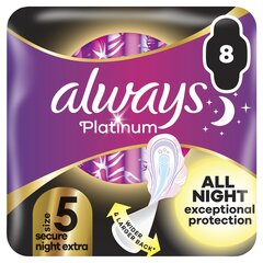 Terveyssiteet Always Platinum Secure Night Extra Koko 5, 8 kpl. hinta ja tiedot | Tamponit ja terveyssiteet | hobbyhall.fi