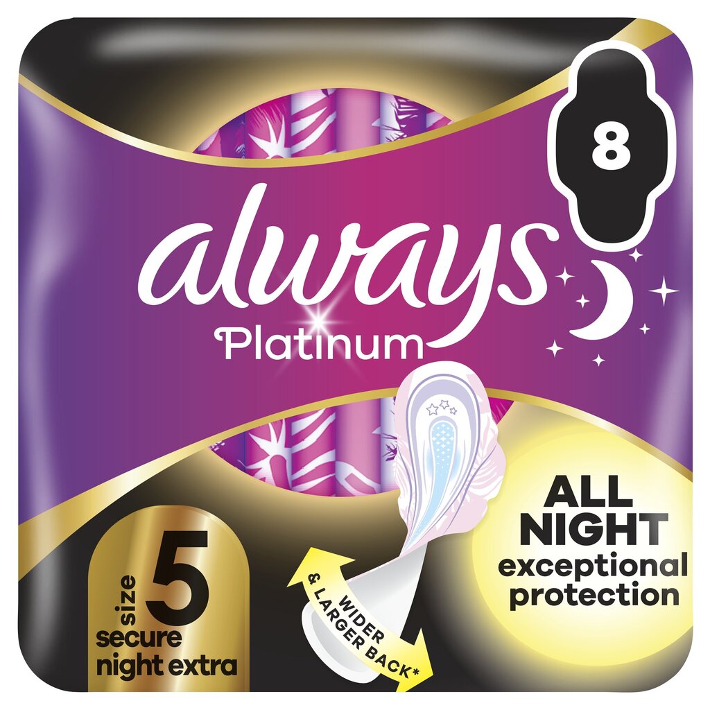 Terveyssiteet Always Platinum Secure Night Extra Koko 5, 8 kpl. hinta ja tiedot | Tamponit ja terveyssiteet | hobbyhall.fi