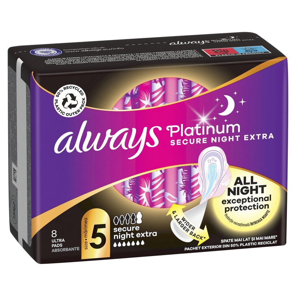 Terveyssiteet Always Platinum Secure Night Extra Koko 5, 8 kpl. hinta ja tiedot | Tamponit ja terveyssiteet | hobbyhall.fi