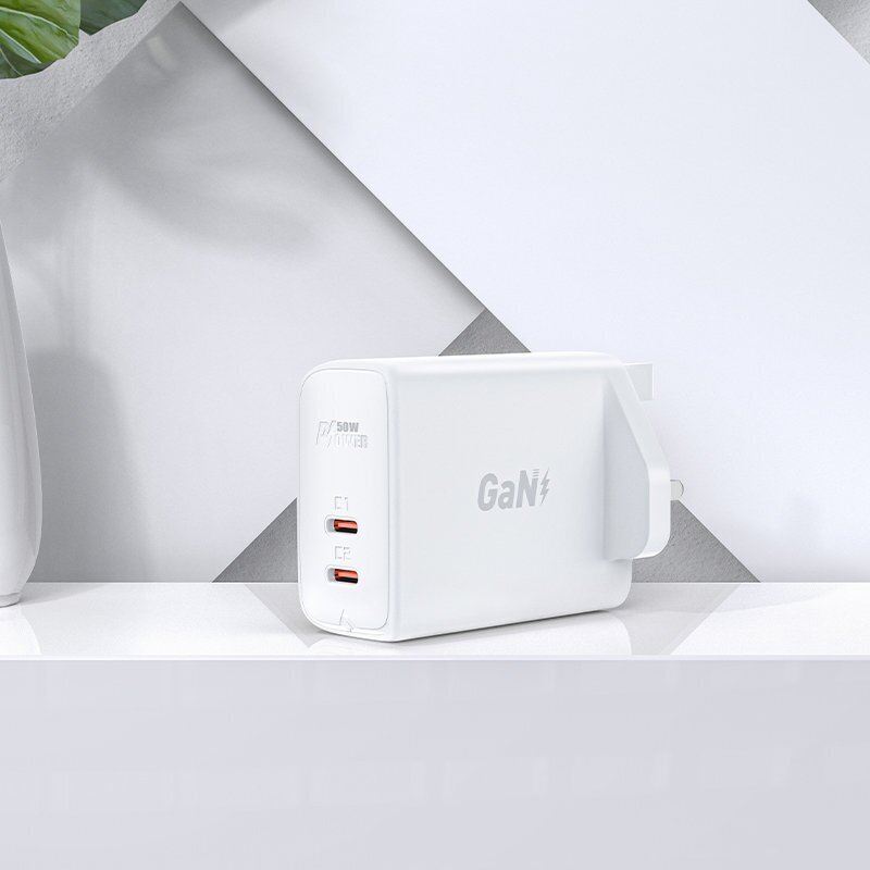 Kaksinkertainen USB-C PD 50W GaN laturi UK-pistokkeella, musta hinta ja tiedot | Puhelimen laturit | hobbyhall.fi