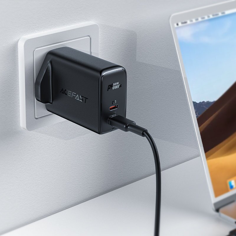 Kaksinkertainen USB-C PD 50W GaN laturi UK-pistokkeella, musta hinta ja tiedot | Puhelimen laturit | hobbyhall.fi