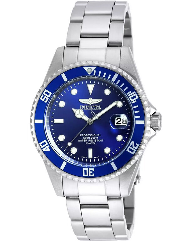 Unisex-kello Invicta Pro Diver, 37mm, WR200, hopea/sininen hinta ja tiedot | Naisten kellot | hobbyhall.fi