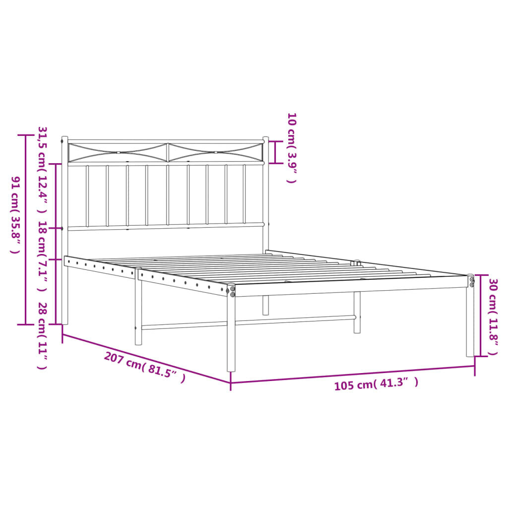 vidaXL Metallinen sängynrunko päädyllä valkoinen 100x200 cm hinta ja tiedot | Sängyt | hobbyhall.fi