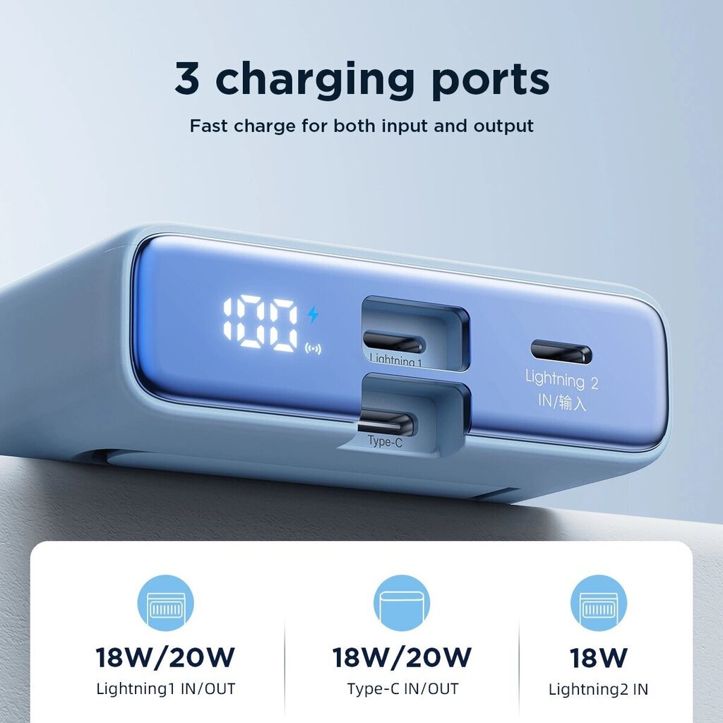 Magnetinen powerbank 10000mAh 20W jalustalla ja Lightning - USB-C kaapelilla, sininen hinta ja tiedot | Varavirtalähteet | hobbyhall.fi