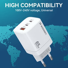 Nopea GaN-laturi 65W 100-240V USB-A 2x USB-C, valkoinen hinta ja tiedot | Puhelimen laturit | hobbyhall.fi