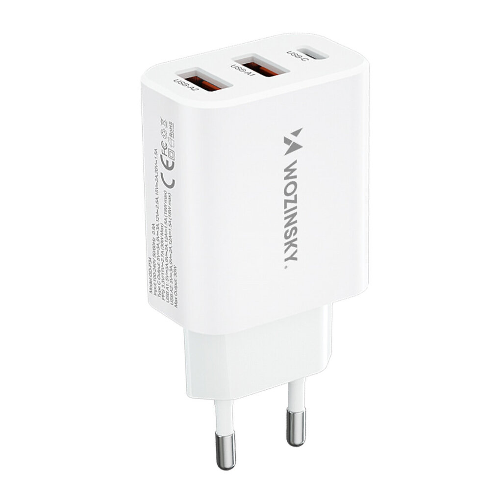 30W USB-C ja 2x USB-A verkkolaturi, valkoinen hinta ja tiedot | Puhelimen laturit | hobbyhall.fi