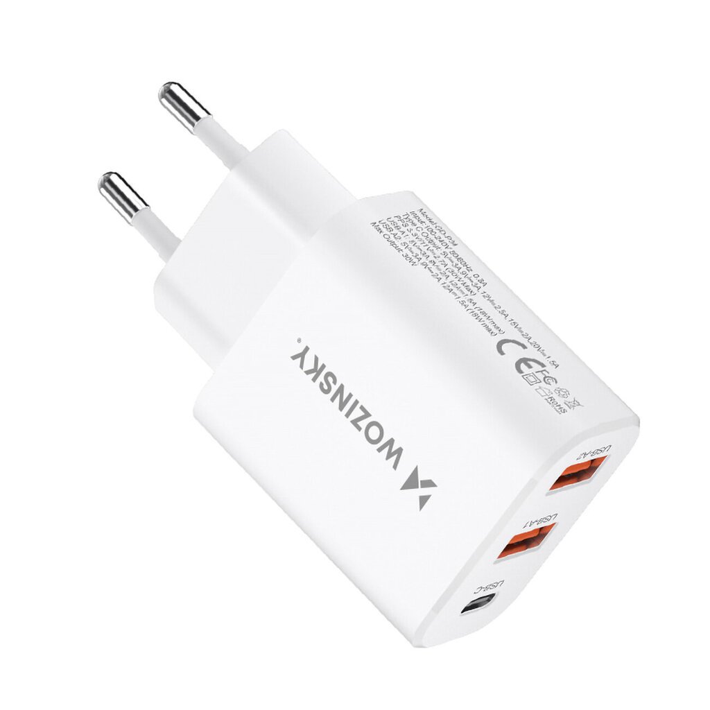 30W USB-C ja 2x USB-A verkkolaturi, valkoinen hinta ja tiedot | Puhelimen laturit | hobbyhall.fi