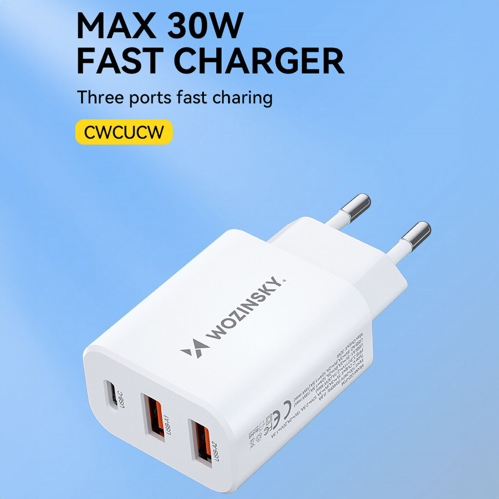 30W USB-C ja 2x USB-A verkkolaturi, valkoinen hinta ja tiedot | Puhelimen laturit | hobbyhall.fi