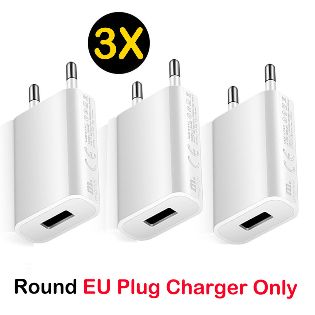 3kpl 5V 1A USB-laturi Matkaseinälatauspää Puhelinsovitin Kannettava EU-pistoke iPhone 13 12 xr xs 11 pro Max Samsung hinta ja tiedot | Puhelimen laturit | hobbyhall.fi