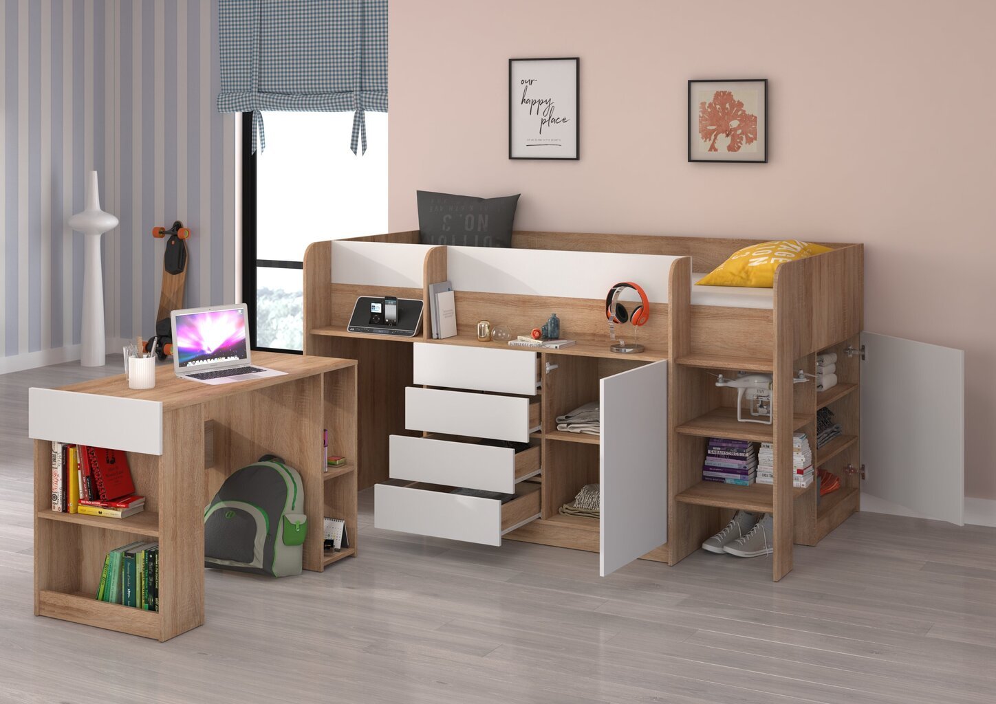 Sänky työpöydällä Smile P, tammen väri / valkoinen hinta ja tiedot | Lastensängyt | hobbyhall.fi