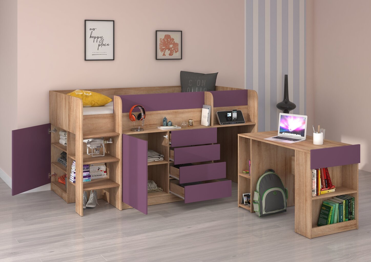 Sänky työpöydällä Smile L, tammi/violetti. hinta ja tiedot | Lastensängyt | hobbyhall.fi