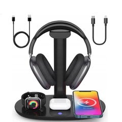 CP X5W 4in1 15W Langaton Magsafe Qi Laturi Teline iPhonelle, Kellolle, AirPodsille ja muille + Kuulokkeiden pidike Musta hinta ja tiedot | Puhelimen laturit | hobbyhall.fi