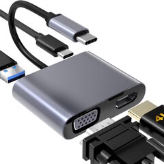 iLike HD5 4in1 Muunnin USB-C:stä Hdmi 4K 30Hz:iin / VGA-näyttöön / USB 3.0 / USB-C PD 100W (OEM) hinta ja tiedot | Adapterit | hobbyhall.fi