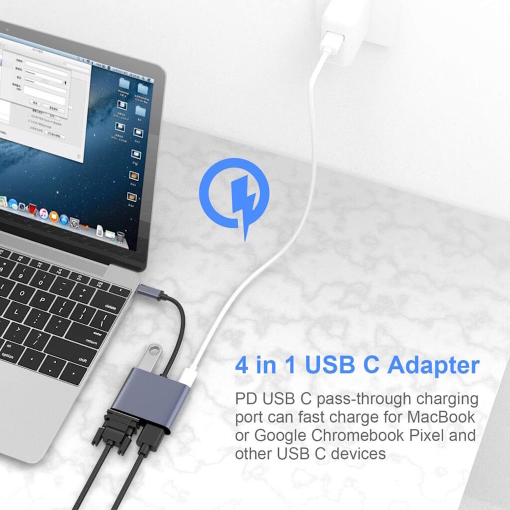 iLike HD5 4in1 Muunnin USB-C:stä Hdmi 4K 30Hz:iin / VGA-näyttöön / USB 3.0 / USB-C PD 100W (OEM) hinta ja tiedot | Adapterit | hobbyhall.fi