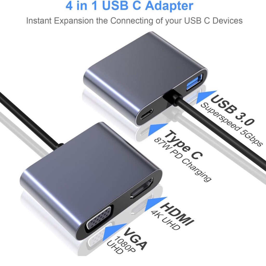 iLike HD5 4in1 Muunnin USB-C:stä Hdmi 4K 30Hz:iin / VGA-näyttöön / USB 3.0 / USB-C PD 100W (OEM) hinta ja tiedot | Adapterit | hobbyhall.fi