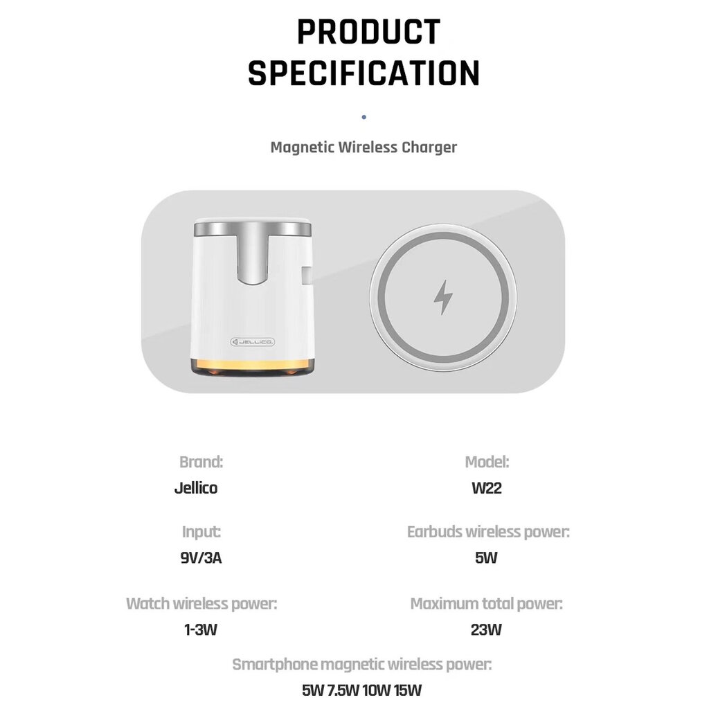 Jellico W22 4in1 Langaton laturi Magsafe 15W iPhone + 3W Apple Watch + Airpods + Lamppu Valkoinen hinta ja tiedot | Puhelimen laturit | hobbyhall.fi