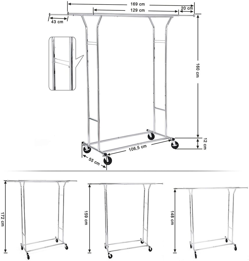 Vaateteline 129x55x172 cm hinta ja tiedot | Naulakot | hobbyhall.fi