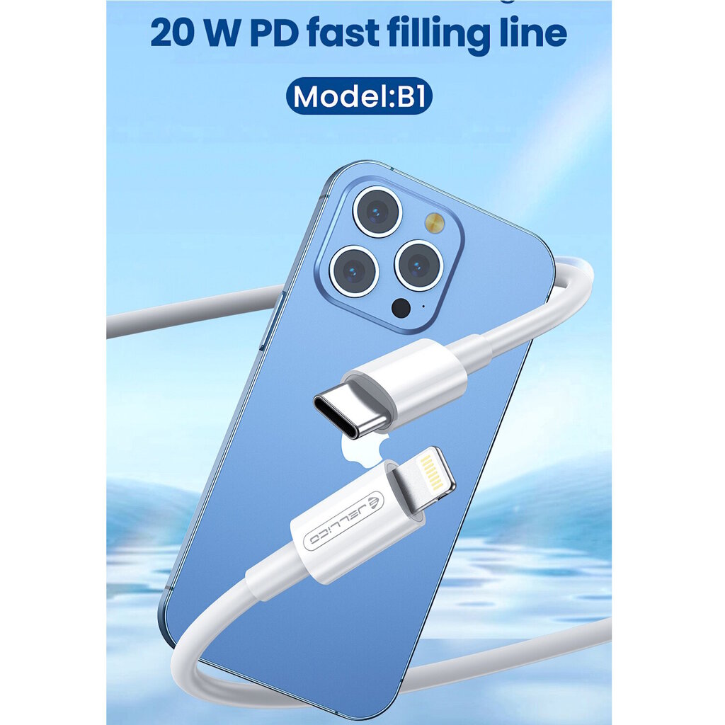 Jellico B1 Kestävä-Pehmeä iPhone & iPad USB-C to Lightning Datakaapeli & Fast PD 20W Latausjohto 1m Valkoinen hinta ja tiedot | Puhelinkaapelit | hobbyhall.fi