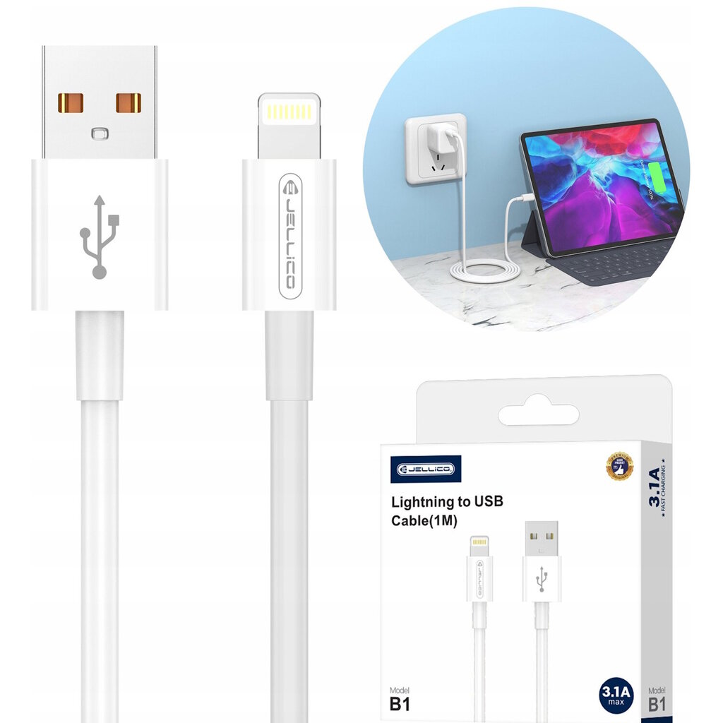 Jellico B1 Kestävä-Pehmeä iPhone & iPad Lightning to USB Data & Fast PD 20W Latauskaapeli 1m Valkoinen hinta ja tiedot | Puhelinkaapelit | hobbyhall.fi