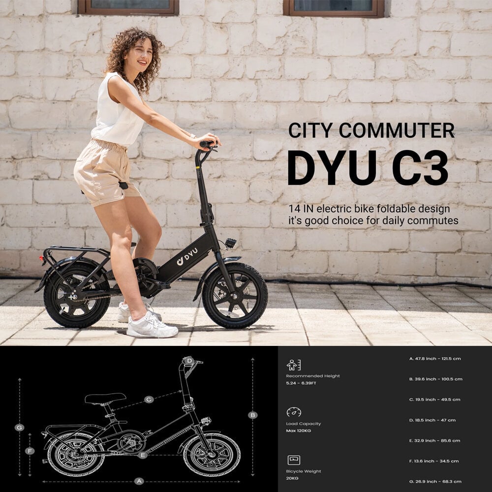 Sähköpyörä Dyu C3 14'', musta hinta ja tiedot | Sähköpyörät | hobbyhall.fi