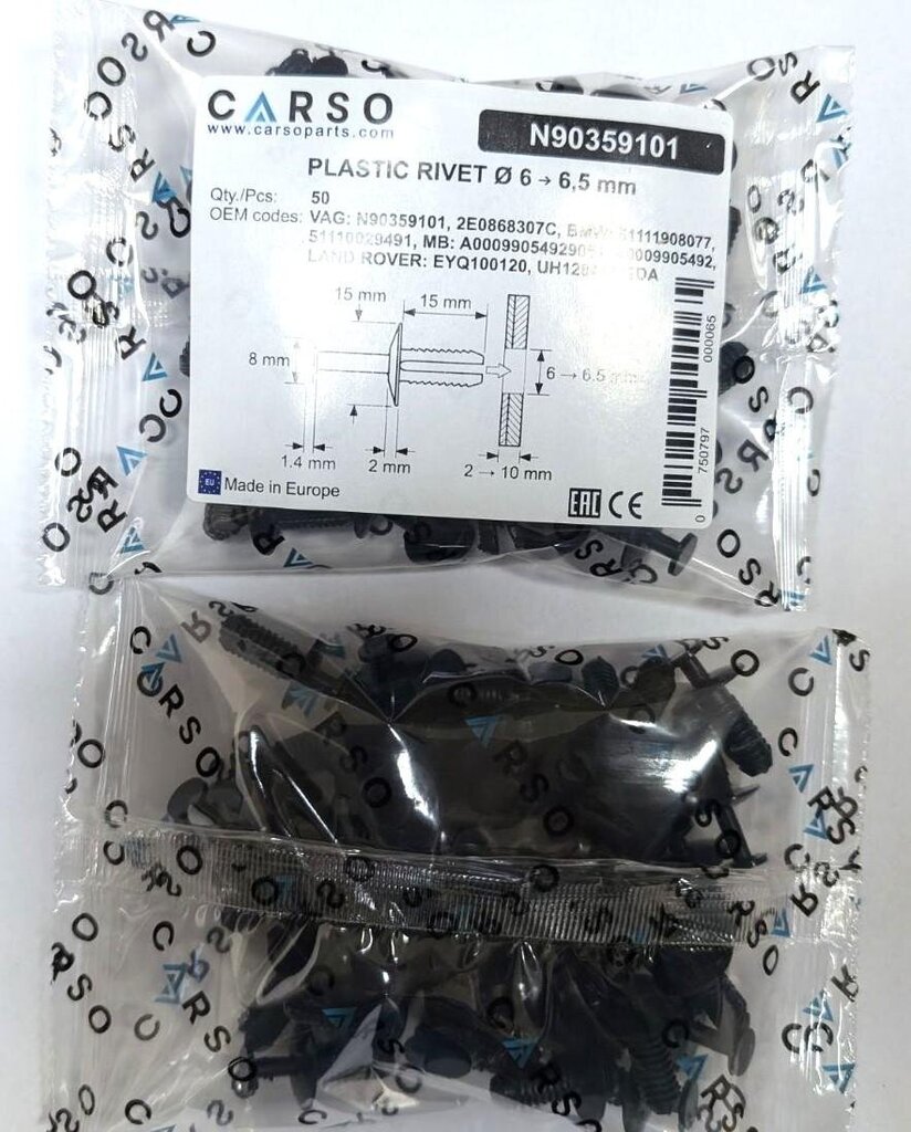 Kiinnikkeet Carso, Rivet 6x15, VW, MB ja BMW N90359101, 50kpl hinta ja tiedot | Lisätarvikkeet autoiluun | hobbyhall.fi