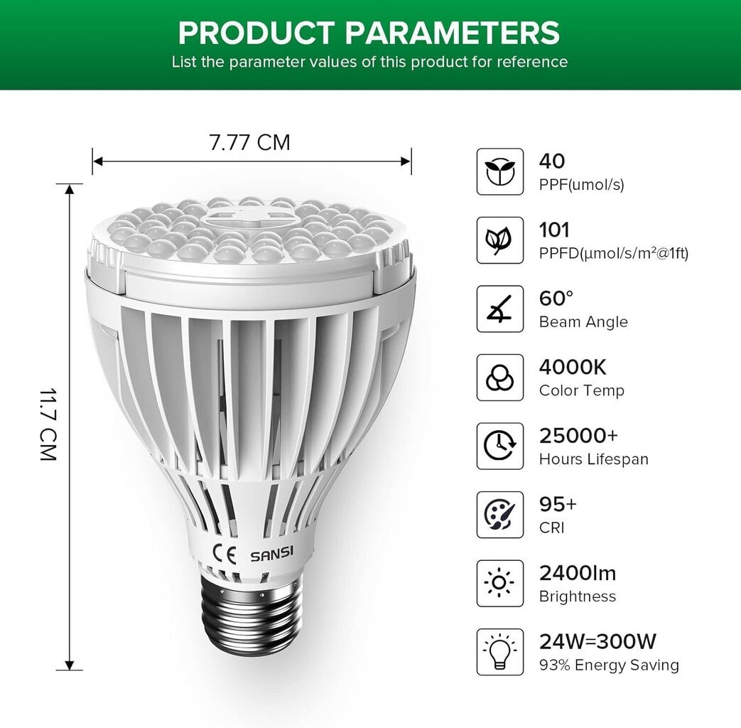 LED-lamppu sisäkasvien kasvattamiseen SANSI ‎24W C23ZW005 hinta ja tiedot | Sisäpuutarhat ja kasvilamput | hobbyhall.fi