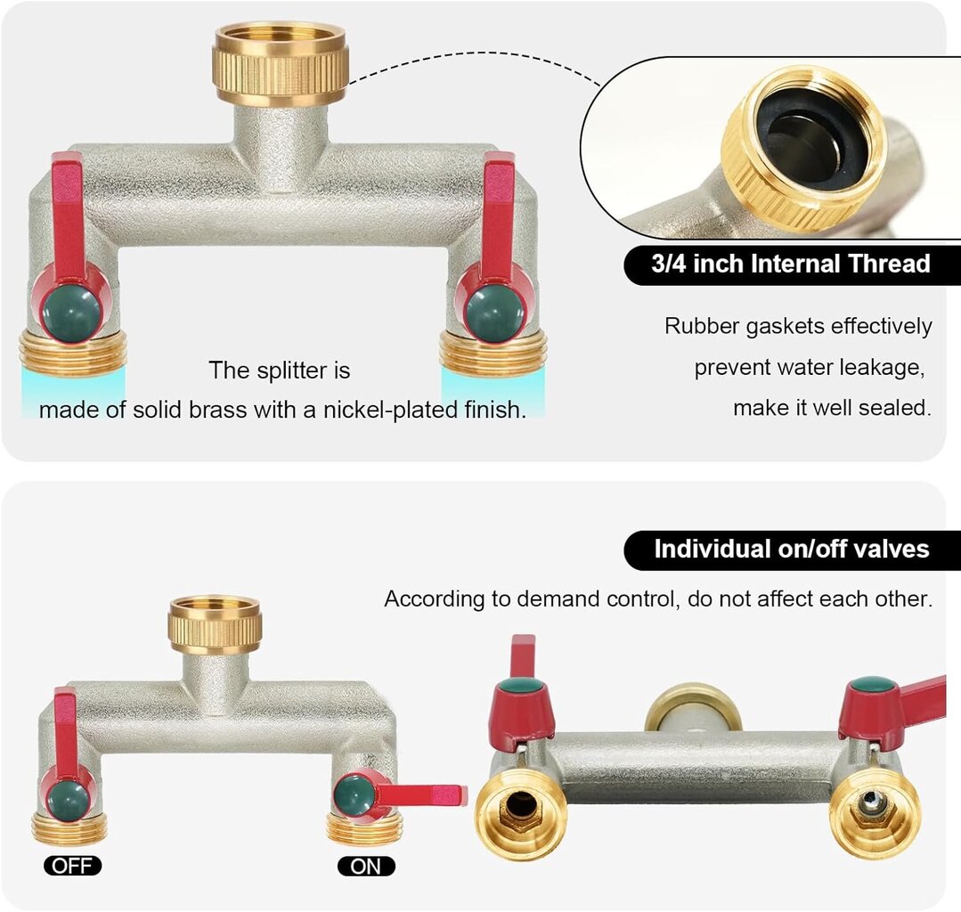 Messinkipuutarhahananjakaja, 1/2" ja 3/4" letkunjakaja, 2-suuntainen hanan letkuliitin venttiileillä ja pidennetyllä kahvalla, kiinnitetään kahteen vesiajastimeen hinta ja tiedot | Puutarhaletkut, kastelukannut ja muut kastelutarvikkeet | hobbyhall.fi