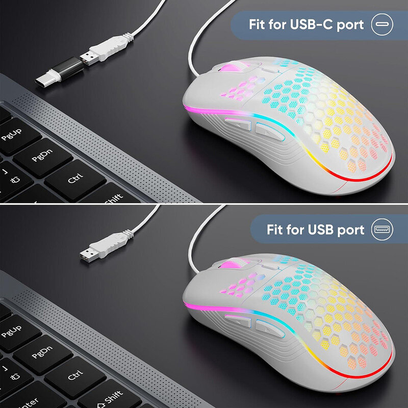 YINKE langallinen pelihiiri, USB/USB-C PC-pelihiiri RGB-taustavalolla, 6 ohjelmoitavaa painiketta, 6 säädettävää DPI jopa 7200 pelaajille hinta ja tiedot | Hiiret | hobbyhall.fi