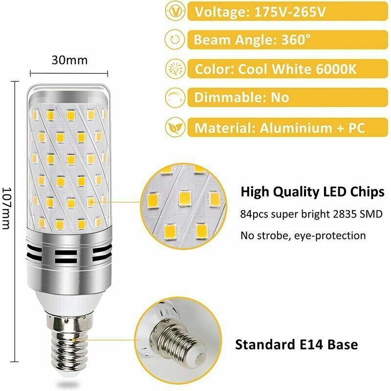 E14 LED-polttimo 16W kylmän valkoinen – vastaa 100W-120W halogeenipolttimoa, emittoi 1600LM ja 360° valoa, sopii kattokruunuihin, seinävalaisimiin ja yöpöytälamppuihin, 4 kpl pakkaus, ei himmennettävä. hinta ja tiedot | Seinävalaisimet | hobbyhall.fi