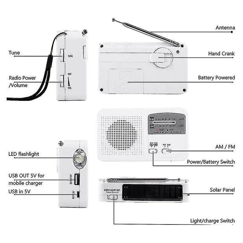 Hätäradio aurinkoenergialla ja käsikammalla, itsesähköinen, akku USB-lataus Fm/am radio LED taskulamppu puhelimen laturi hinta ja tiedot | Kelloradiot ja herätyskellot | hobbyhall.fi