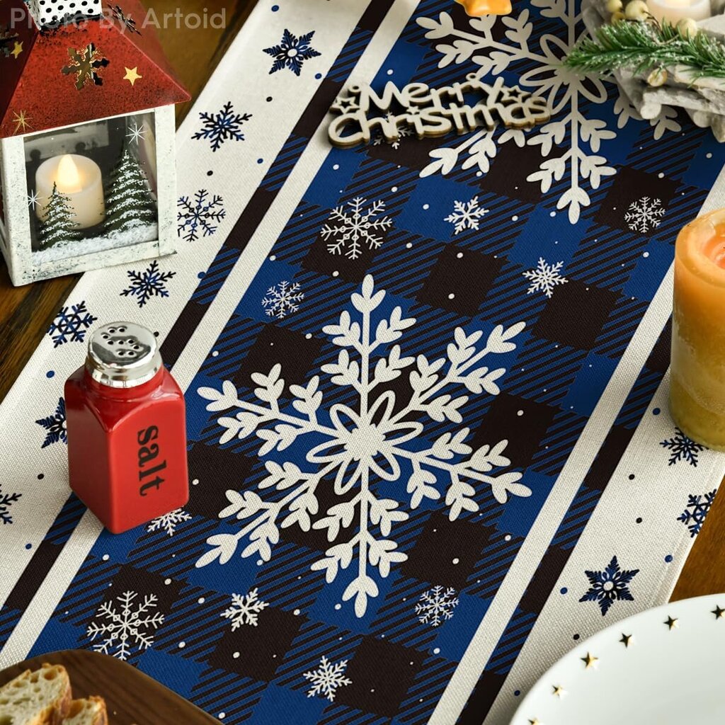 Buffalo Plaid Snowflakes Blue Christmas Table Runner, kausiluonteinen talvikeittiön ruokapöydän koristelu kotibileiden sisustukseen 13x72 tuumaa hinta ja tiedot | Joulukuusen koristeet | hobbyhall.fi