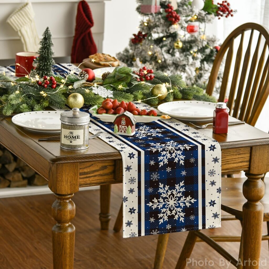 Buffalo Plaid Snowflakes Blue Christmas Table Runner, kausiluonteinen talvikeittiön ruokapöydän koristelu kotibileiden sisustukseen 13x72 tuumaa hinta ja tiedot | Joulukuusen koristeet | hobbyhall.fi