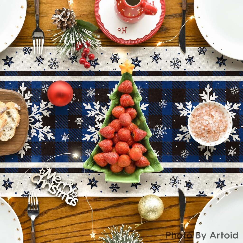 Buffalo Plaid Snowflakes Blue Christmas Table Runner, kausiluonteinen talvikeittiön ruokapöydän koristelu kotibileiden sisustukseen 13x72 tuumaa hinta ja tiedot | Joulukuusen koristeet | hobbyhall.fi