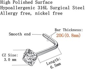 316L Kirurginen teräs 22g/20g/18g Nenärenkaat Nastat L-muotoinen Nenä Nenälävistys Vartalo Jewerly L-muotoiset nenänastat 1,5mm 2mm 2,5mm 3mm CZ Nenäruuvi hinta ja tiedot | Korusetit | hobbyhall.fi