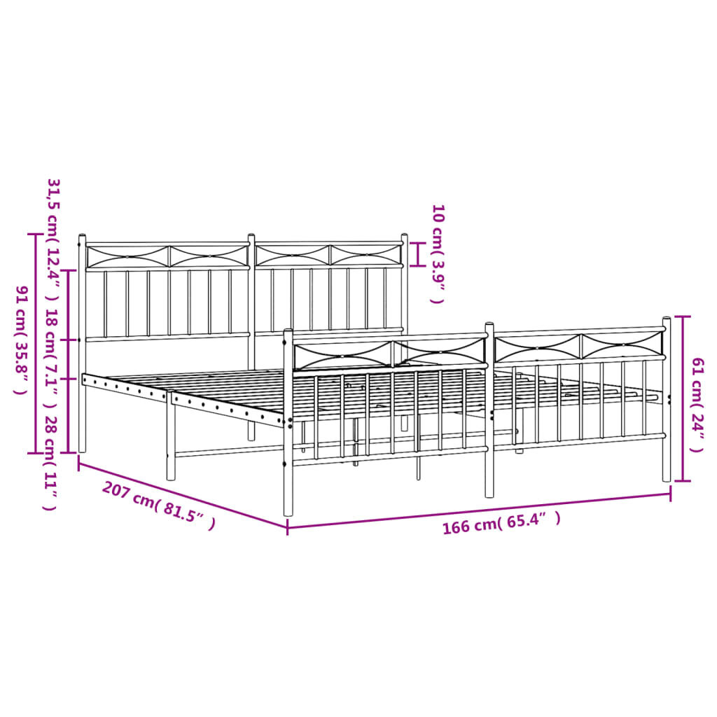 vidaXL Metallinen sängynrunko päädyillä musta 160x200 cm hinta ja tiedot | Sängyt | hobbyhall.fi