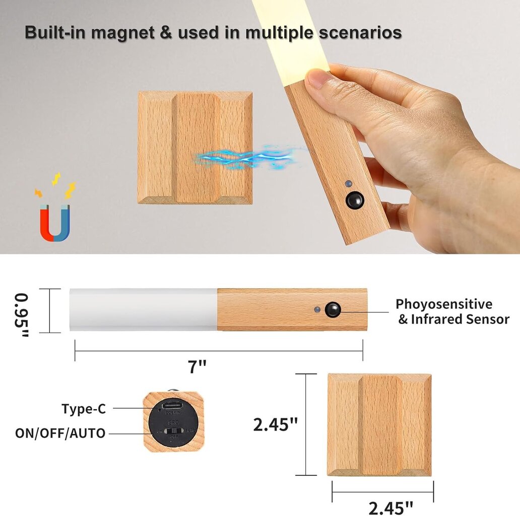 Liiketunnistin Puuseinävalaisinsarja, Kannettava puinen sisäkäyttöinen LED-seinävalaisin Ladattava magneettinen runkotunnistinvaloparisto, joka toimii lapsille hinta ja tiedot | Lastenhuoneen valaisimet | hobbyhall.fi