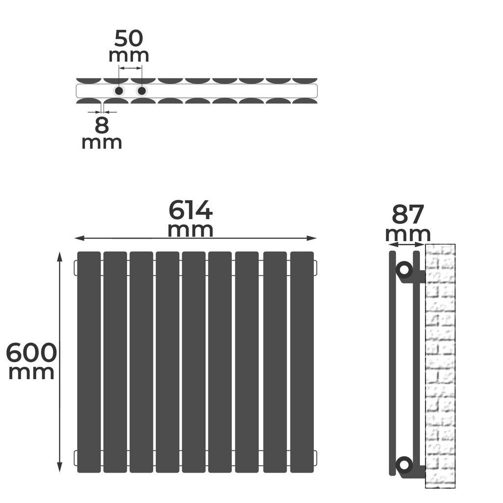 Radiator - vaakasuora, litteä, 600x614x69 mm, kaksikerroksinen, 1/2 tuumaa, teräs, antrasiitti - kylpyhuoneradiaattori, pyyheteline, ''HB''. hinta ja tiedot | Patterit ja konvektorit | hobbyhall.fi