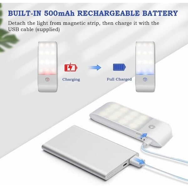 Automaattinen LED-yövalo [2 kpl], 12 USB-ladattavaa, liiketunnistimen magneettinen liimanauha, 3 tilaa (automaattinen/päällä/pois) hinta ja tiedot | Tuuletinvalaisimet | hobbyhall.fi