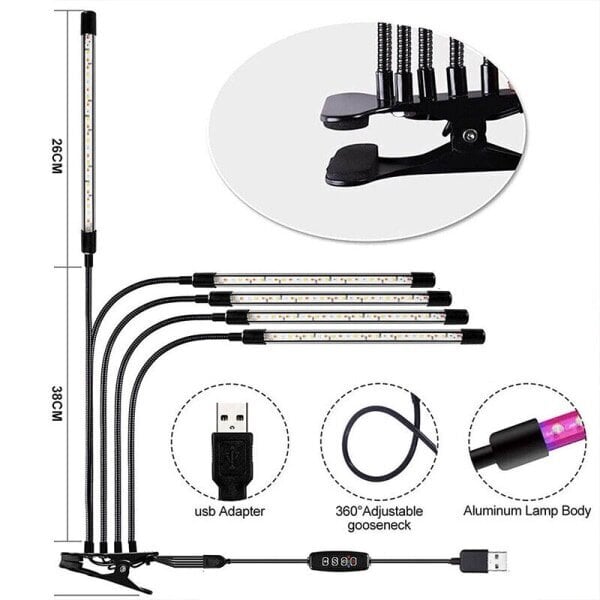 2/3/4 pään USB LED Plant Grow Light sisäkäyttöinen UV VEG kasvatuslamppu Täysspektri 4 päätä hinta ja tiedot | Tuuletinvalaisimet | hobbyhall.fi