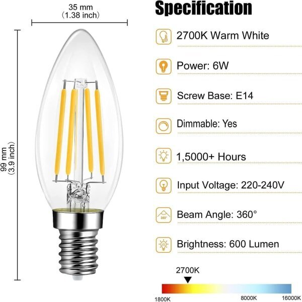 6kpl E14 Himmennettävä lämmin valkoinen 600lm 6w LED-lamput korvaavat 60w 2700k LED-lamppu Energiansäästö hinta ja tiedot | Tuuletinvalaisimet | hobbyhall.fi