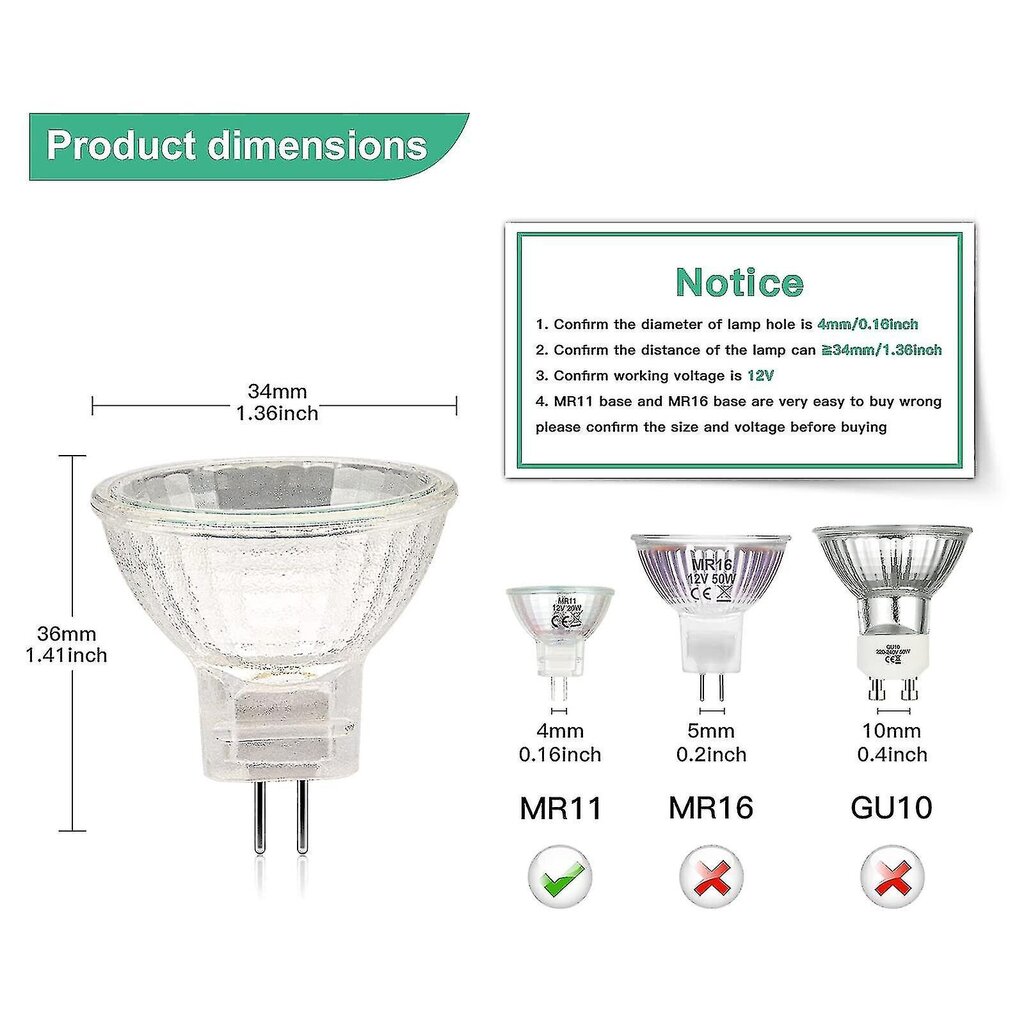 Mr11 halogeenipolttimot (12 kpl pakkaus), Gu4 halogeenilamppu 12v 20w, Mr11 Gu4 himmennettävä polttimolasikansi kattovalolle hinta ja tiedot | LED-valonauhat | hobbyhall.fi