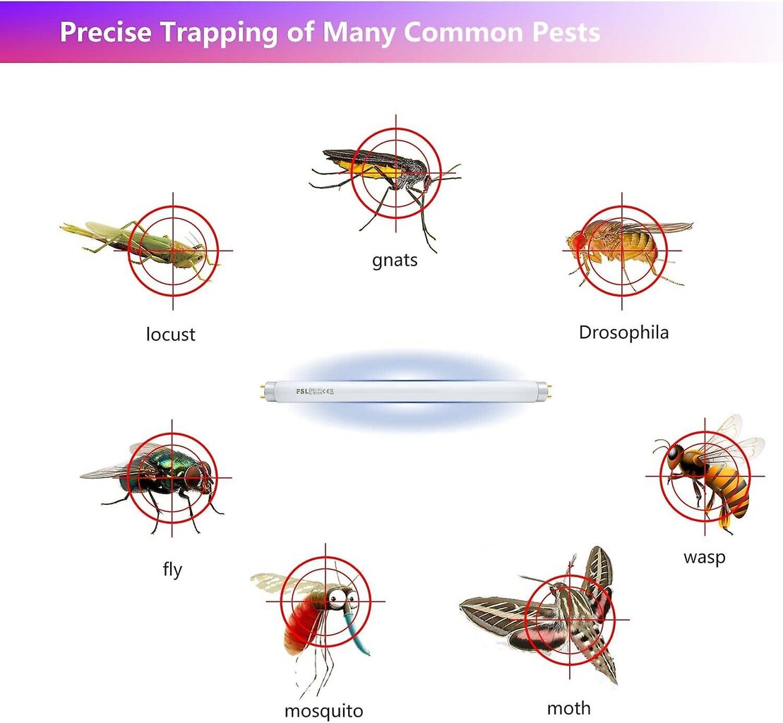 FSL T5 F6W BL varapolttimo Fly Killer -lampulle, 22,6 cm UV-putki 12W hyttysten/hyönteisten tappajalle (2 kpl) hinta ja tiedot | LED-valonauhat | hobbyhall.fi