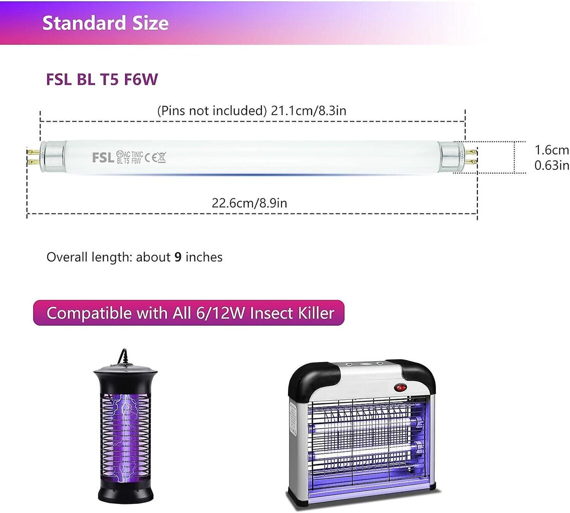 FSL T5 F6W BL varapolttimo Fly Killer -lampulle, 22,6 cm UV-putki 12W hyttysten/hyönteisten tappajalle (2 kpl) hinta ja tiedot | LED-valonauhat | hobbyhall.fi