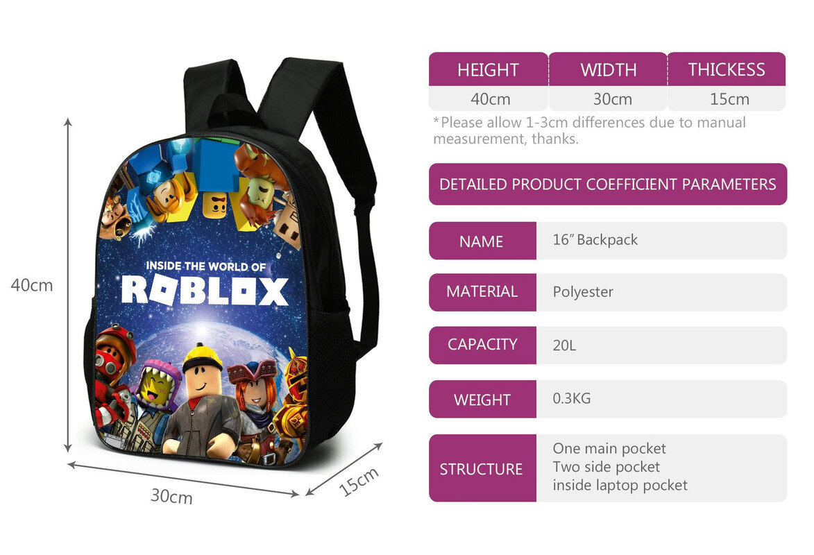 3D Roblox Opiskelijalaukku Lounaslaukku Penaalireppu 3kpl/setti hinta ja tiedot | Penaalit | hobbyhall.fi