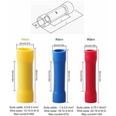 200 kpl Pyöreät autojen sähköpuristusliittimet Eristetyt puristusliittimet Liittimet 0,5 mm²–6 mm² kaapelille (punainen+sininen+keltainen) hinta ja tiedot | Muut huonekalutarvikkeet | hobbyhall.fi