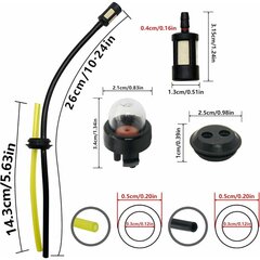 Universaali polttoaineletku ja pohjustuspolttimosarja (3 letkua ja 4 pohjustuspolttimoa) raivaussahauslaitteen kaasuttimeen, varaosat raivaussahalle, puhaltimelle, moottorisahalle, Stihl 025C, McCulloch3200 hinta ja tiedot | Muut huonekalutarvikkeet | hobbyhall.fi