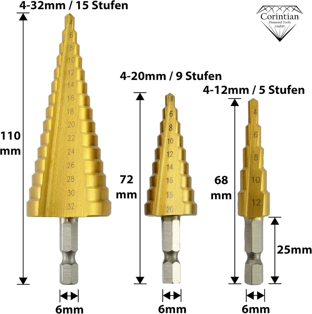 Corintian HSS poranterä TiN-pinnoitteella metallille, puulle ja muoville - Kartiomainen poranterä laserleikkausvaakalla - Yksi poranterä useille halkaisijoille - Halkaisija 4-32 mm / 15 porrasta hinta ja tiedot | Muut huonekalutarvikkeet | hobbyhall.fi