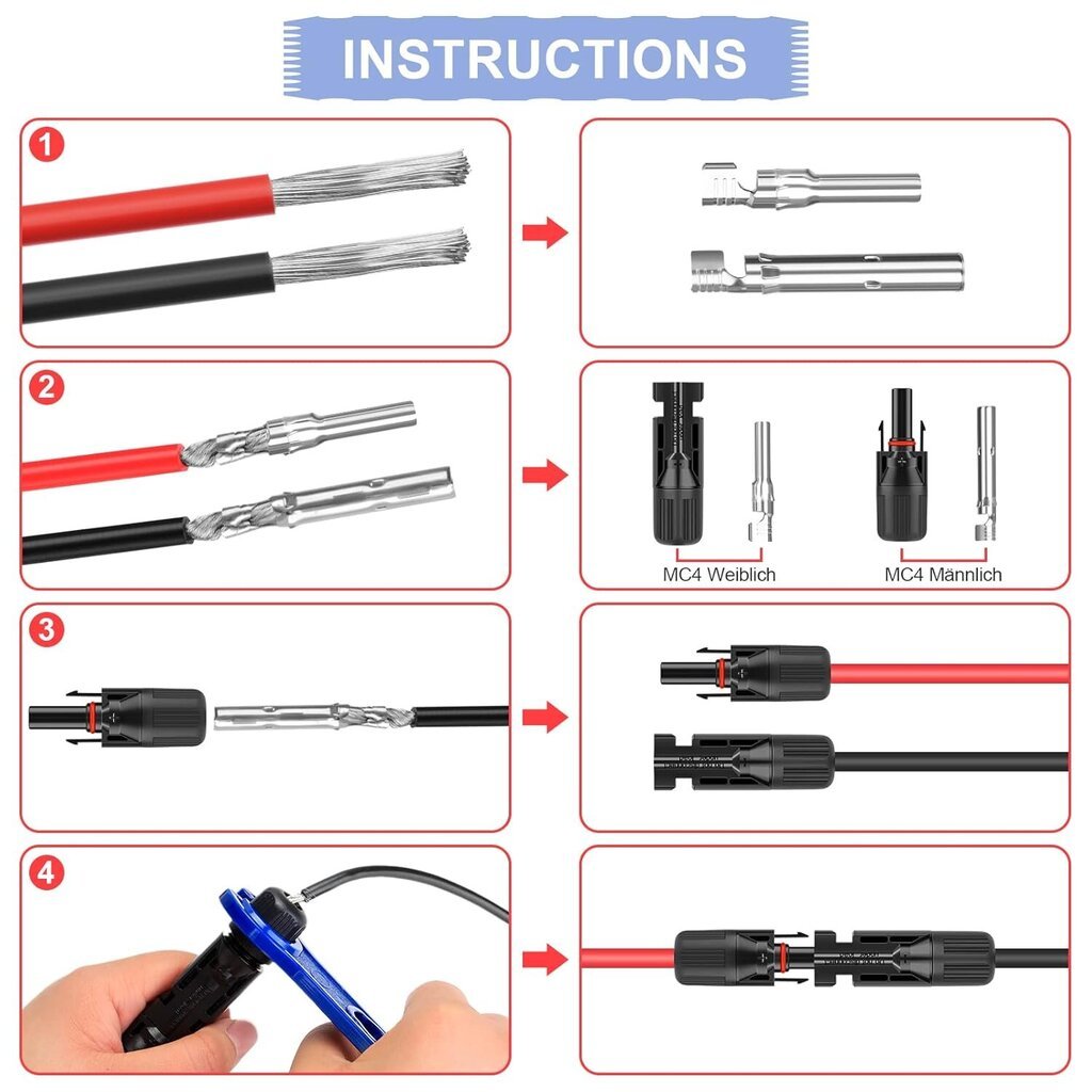 Aurinkopuristustyökalusarja 2,5/4/6mm² PV-kaapelille, 10 paria kaapeliliittimiä, 10 paria uros/naarasliittimiä, 1 x puristustyökalu, 2 x avainta aurinkopistokekaapelin liittämiseen hinta ja tiedot | Muut huonekalutarvikkeet | hobbyhall.fi
